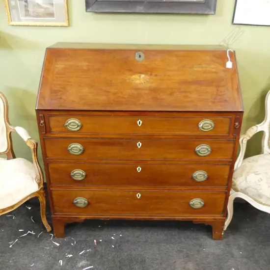 GEORGE III MAHOGANY FALL FRONT BUREAU. H.1100 x 1101mM. FITTED  INTERIOR, MINOR FAULTS