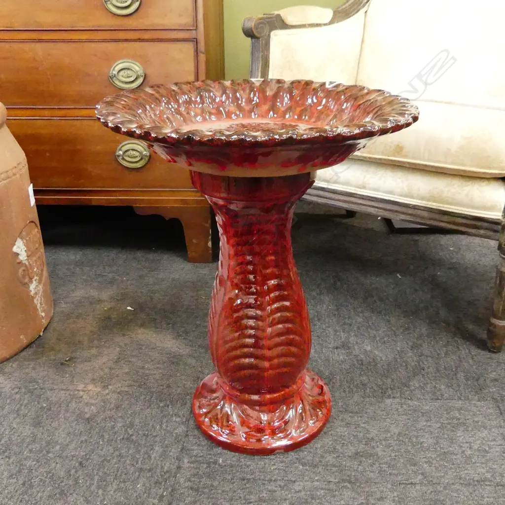 GLAZED CERAMIC SUNFLOWER BIRD BATH TROPICAL RED 410mm dia H.500mm Image 1++