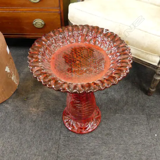 GLAZED CERAMIC SUNFLOWER BIRD BATH TROPICAL RED 410mm dia H.500mm