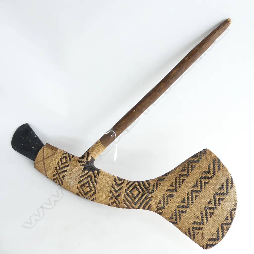 MELANESIAN STONE ADZE MOUNTED IN WOVEN CANE WITH WOOD HANDLE L770MM Image 1++