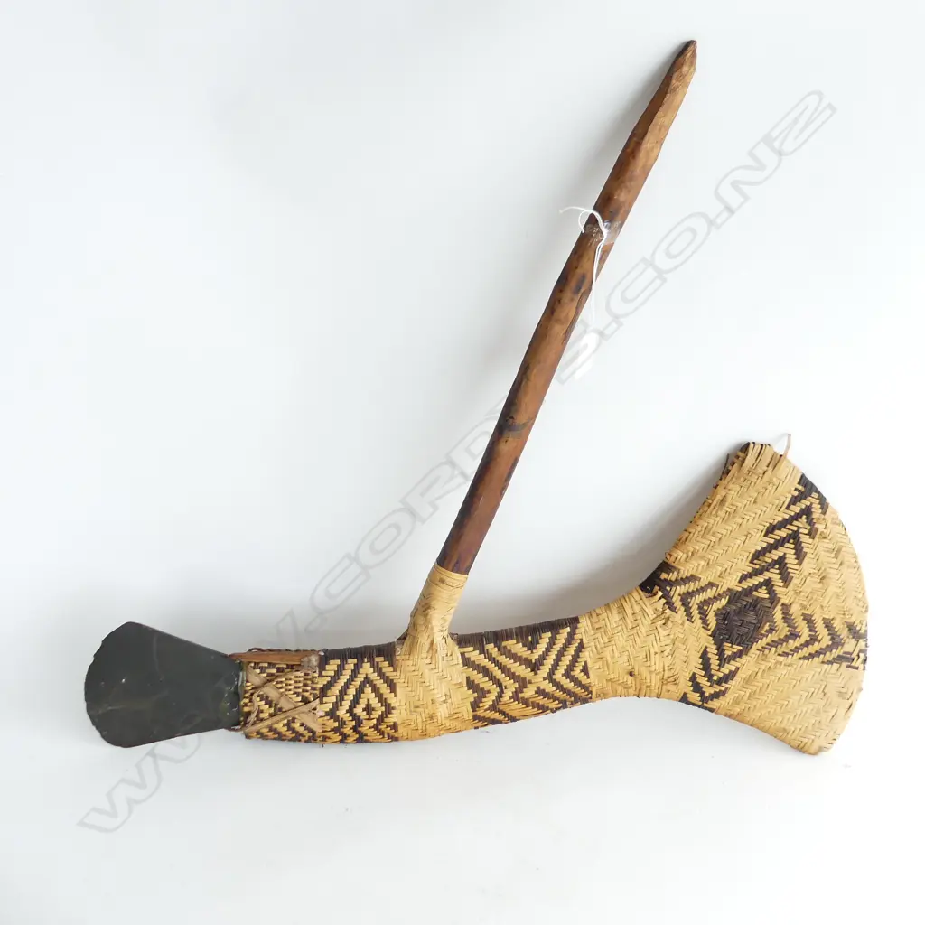 MELANESIAN STONE ADZE IN WOVEN CANE WITH WOOD HANDLE L620MM Image 1++