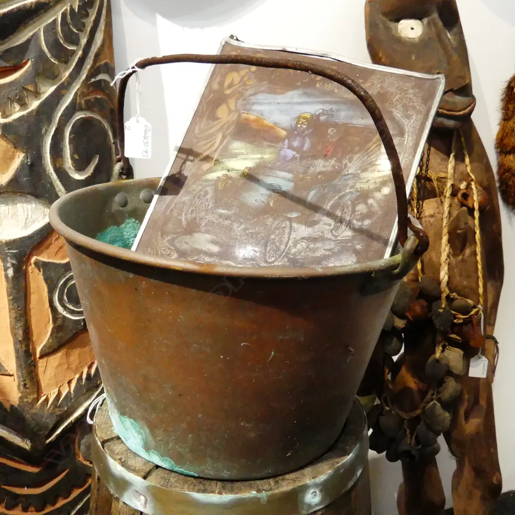 OLD COPPER BUCKET A.F + OAK BRASS BOUND BARREL A.F PLUS PAINTED GLASS PANEL Image 1++