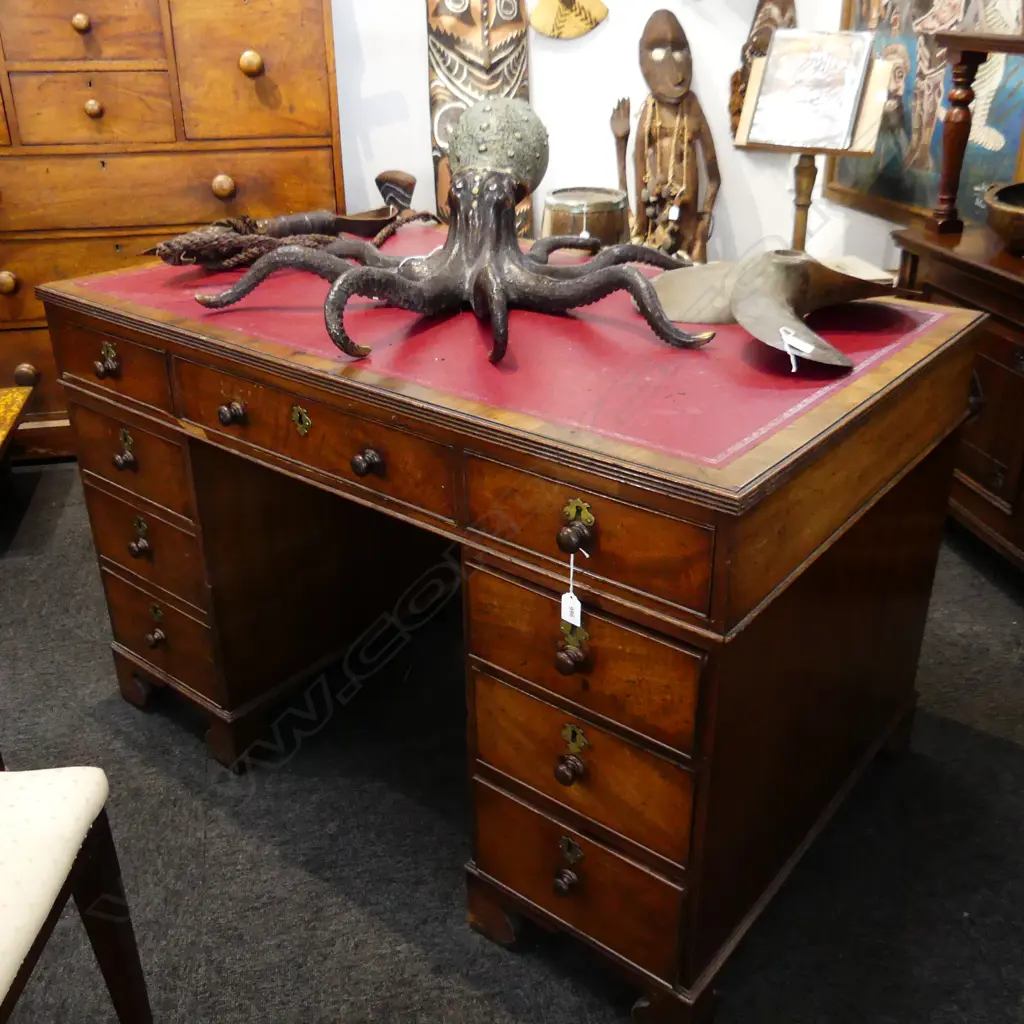 VICTORIAN MAHOGANY TWIN PEDESTAL KNEE-HOLE DESK w. RED LEATHER TOP 1190x740x760mm Image 1++
