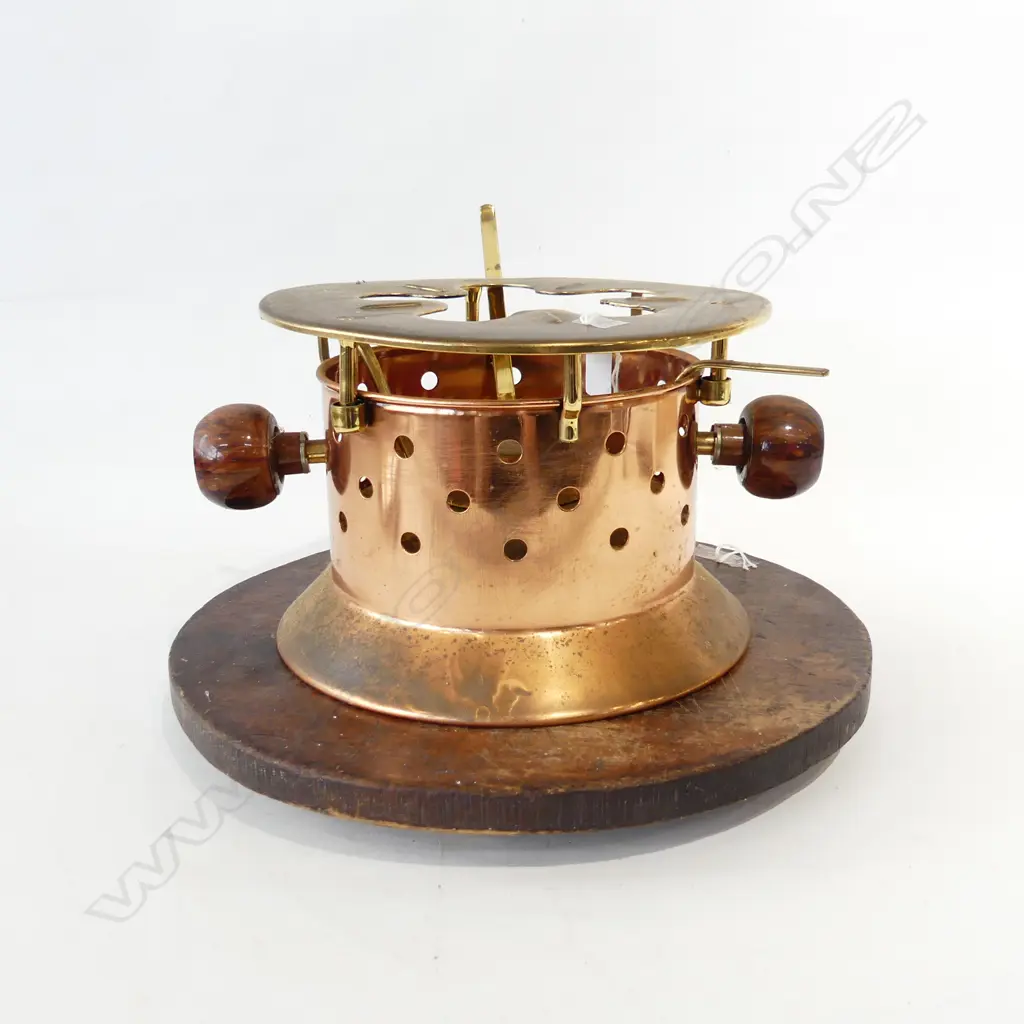 LGE 1970'S COPPER & BRASS POT WARMER ON WOOD STAND Image 1++