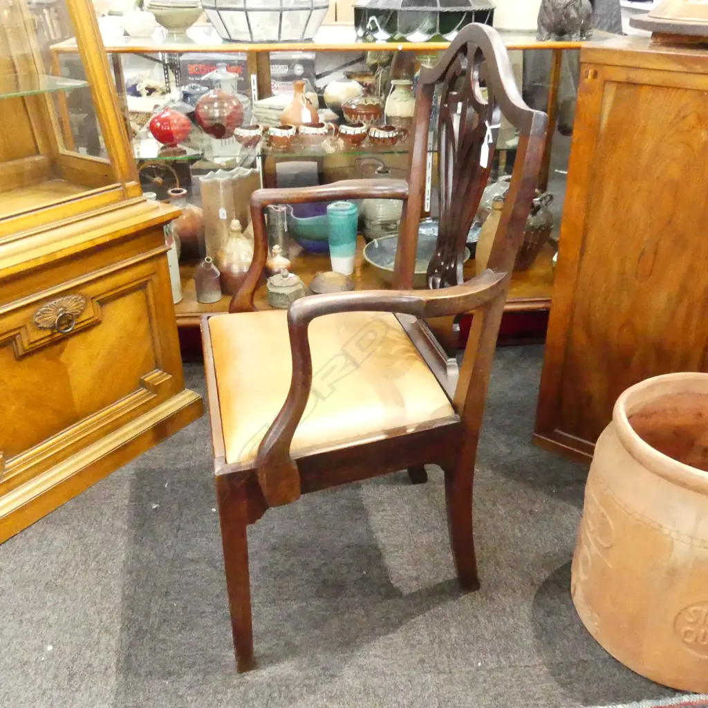 C1900 OR EARLIER HEPPLEWHITE CARVER ARMCHAIR LEATHER SEAT Image 1++