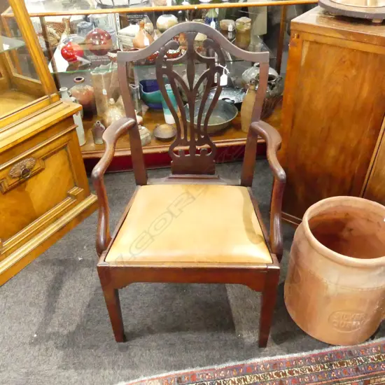 C1900 OR EARLIER HEPPLEWHITE CARVER ARMCHAIR LEATHER SEAT