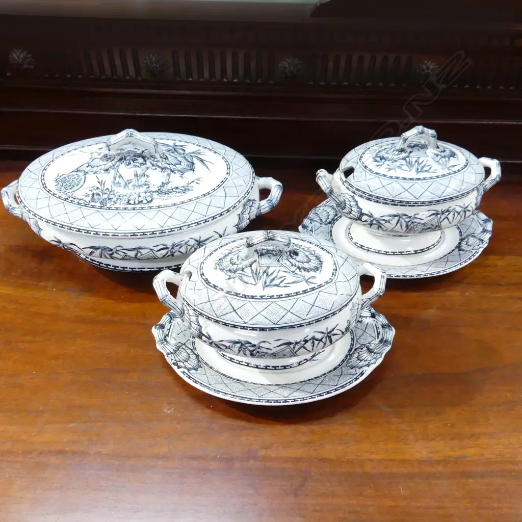 3 LATE VICTORIAN LIDDED IRONSTONE TUREENS IN 'BAMBOO' PATTERN L.330mm  Image 1++