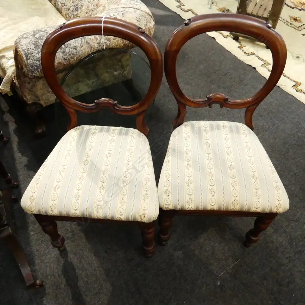PR VICTORIAN MAHOGANY BALLOON BACK CHAIRS STRIPED UPHOLSTERY Image 1++