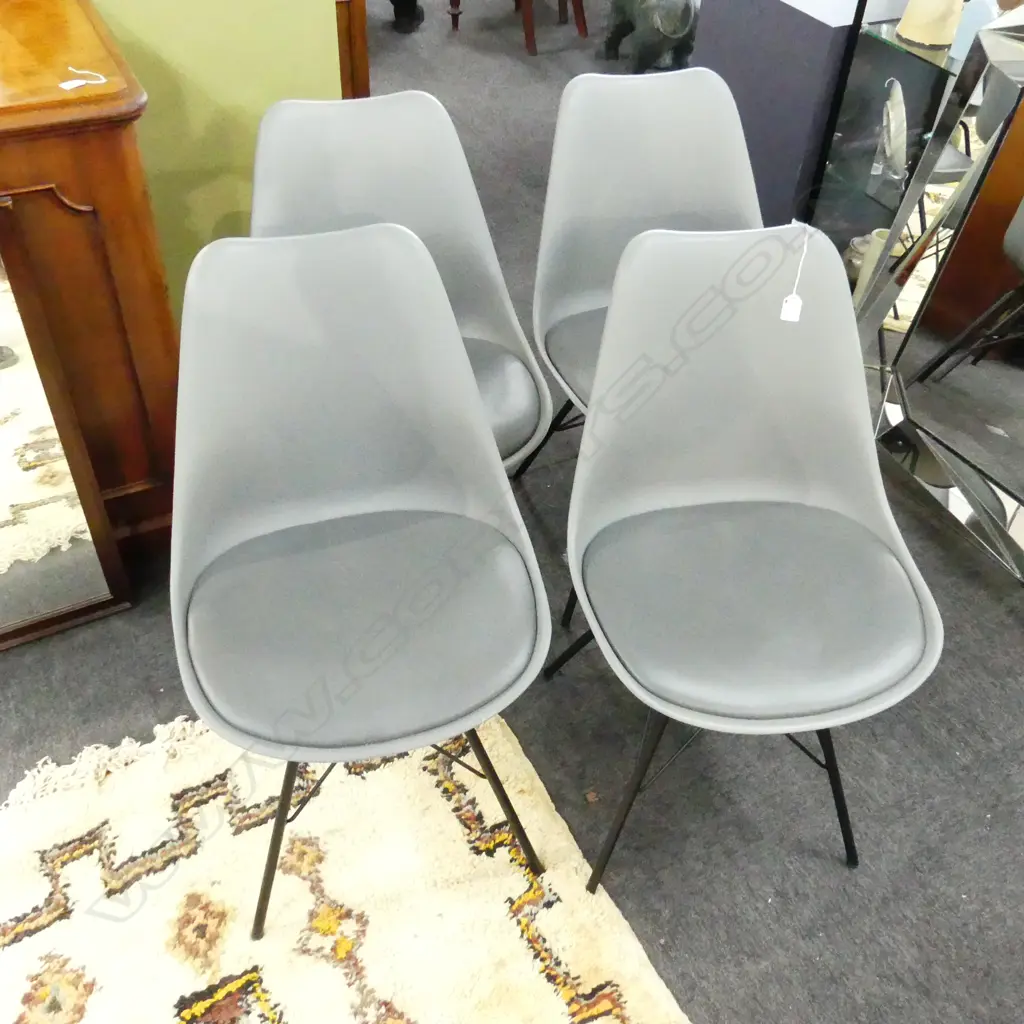 4 GREY PLASTIC KITCHEN CHAIRS, , ATTACHED CHAIR PADS & BLACK METAL LEGS Image 1++