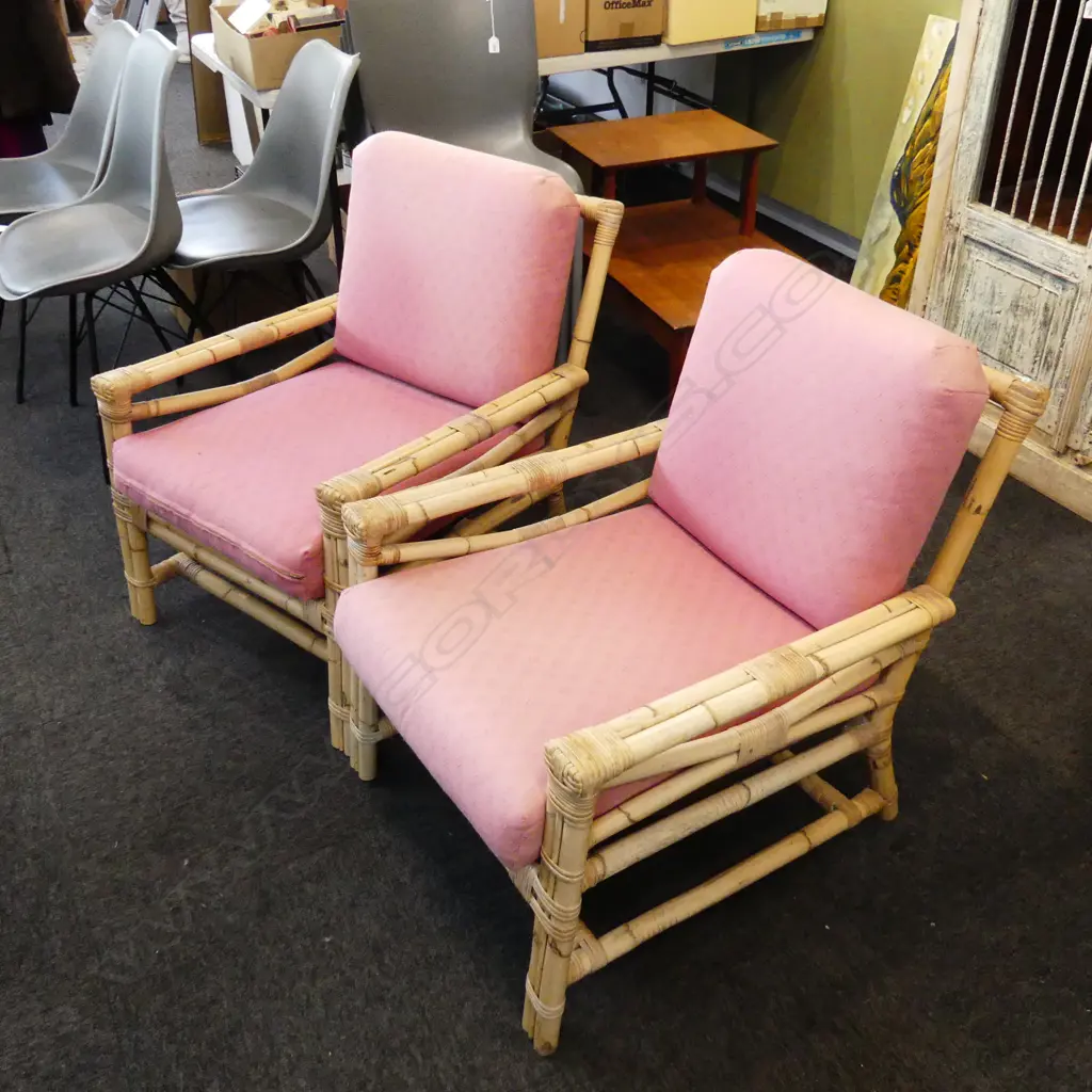PR BAMBOO PATIO ARM CHAIRS - PINK UPHOLSTERY  Image 1++