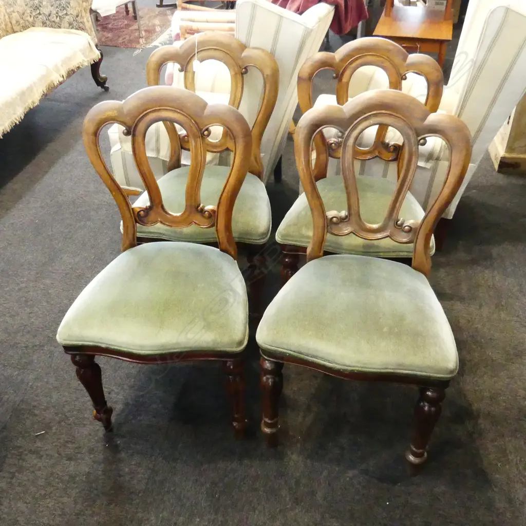 4 VICTORIAN DINING CHAIRS - GREEN VELVET SEATS Image 1++