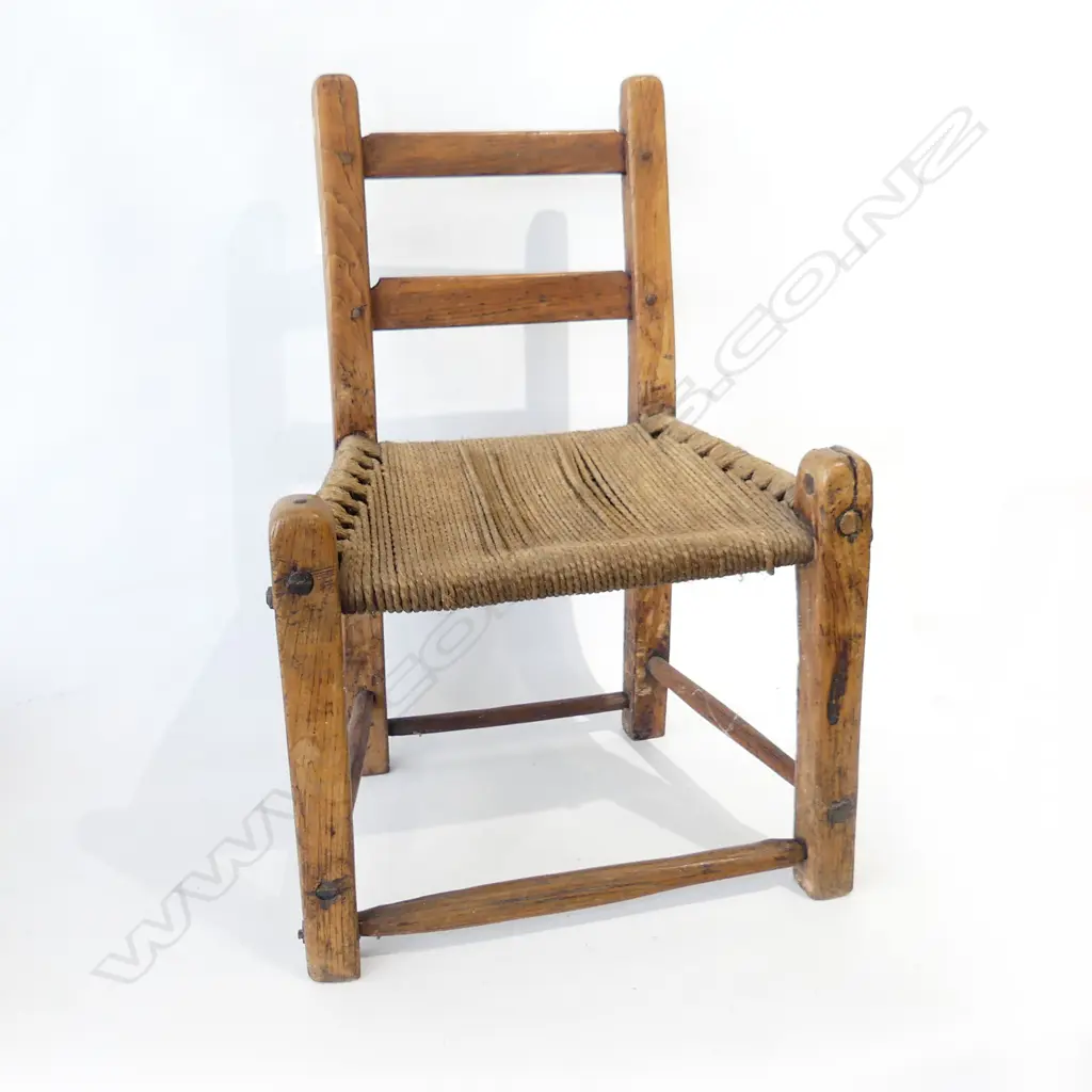 SMALL PINE RUSHSEATED LOW CHILDS CHAIR OF SQUARE SHAPE. Image 1++