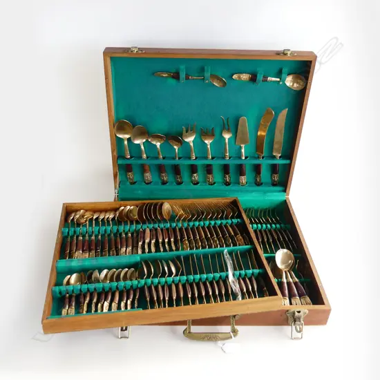 LG 2-LAYER WOODEN CASED THAI BRASS & WOOD CUTLERY SET INCL SERVERS.