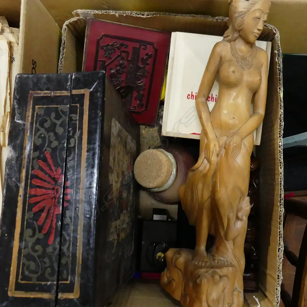 BOX LOT: CARVINGS + CHINESE BOW + WATERPROOF CAMERA + PAPER NAUTILUS SHELL ETC Image 1++