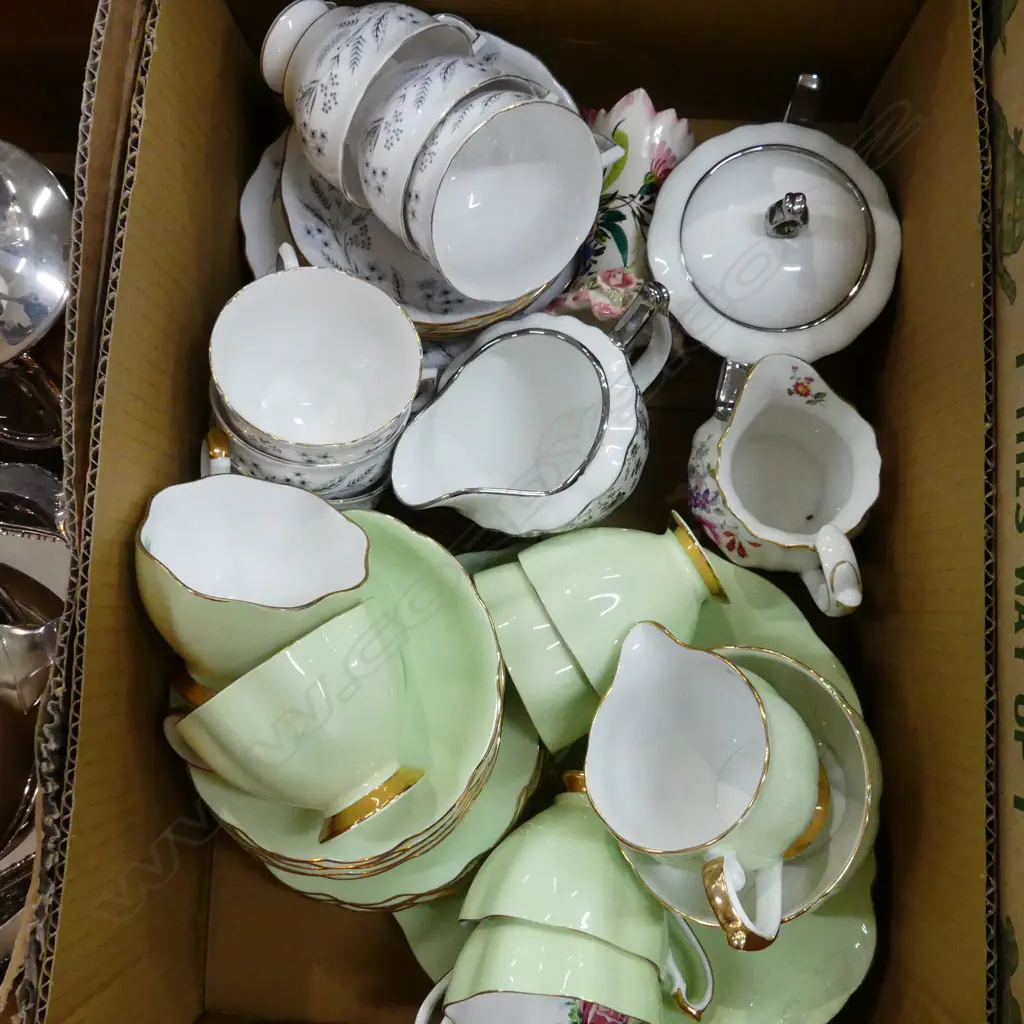 BOX LOT ASST CHINA INCL COLOUGH & QUEEN ANNE TEA SETS Image 1++