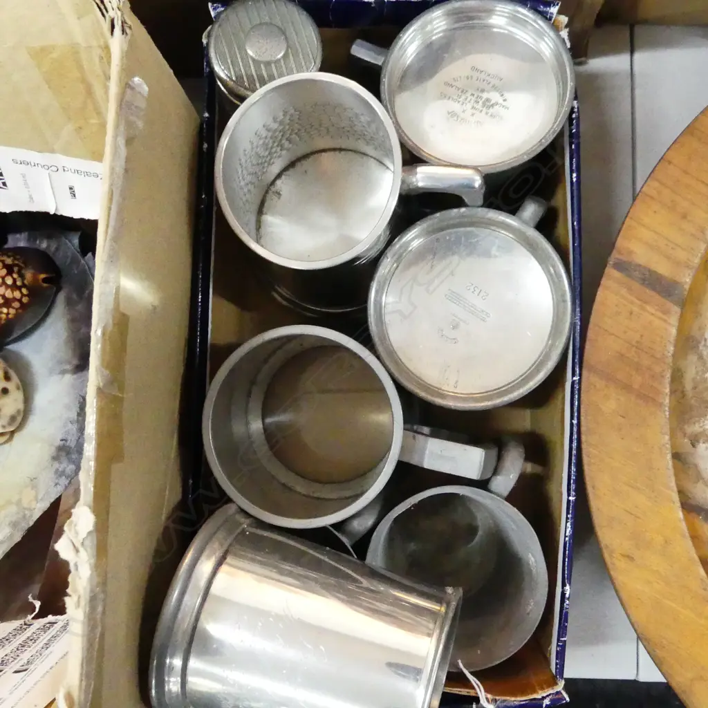 7 ASST OLD PEWTER MUGS  + SILVER PLATE LIDDED JAR & THIMBLE Image 1++