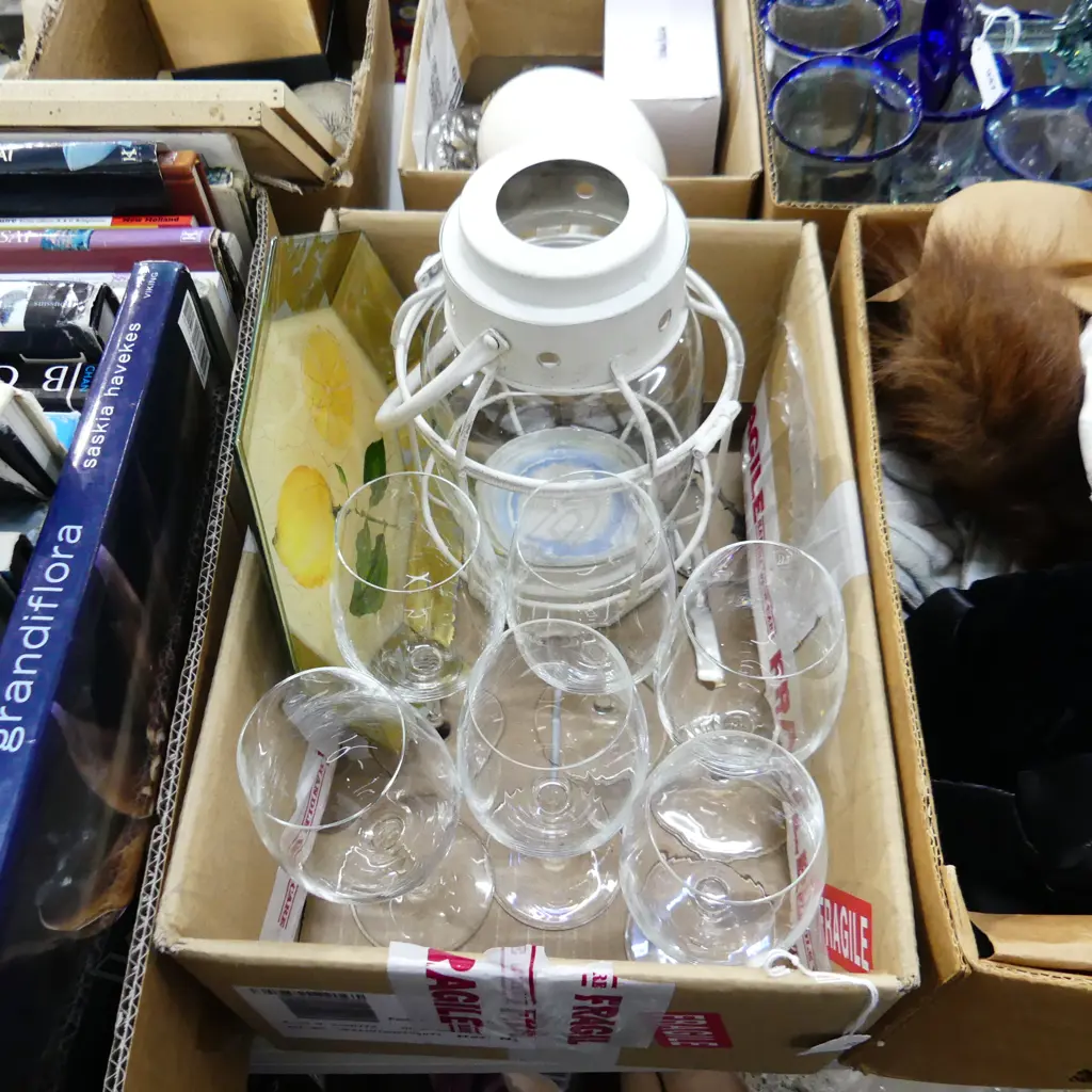 BOX LOT HURRICANE LAMP 6 WINE GLASSES PLATE & 3PCS EP CUTLERY Image 1++