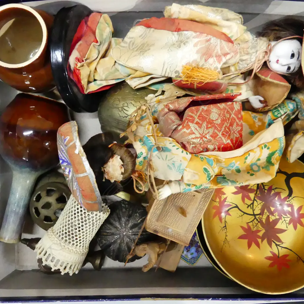BOX ASIAN COLLECTIBLES; DOLLS, POTTERY, BRASS, BONE, LACQUER BOWLS ETC.. Image 1++