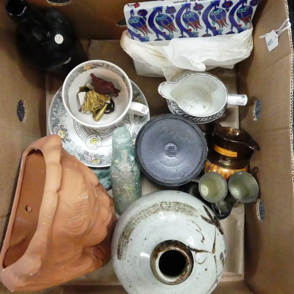 BOX OF OPALISED MARBLE BOTTLE + ANGEL WALL POCKET + POUNAMU + POTTERY ETC Image 1++