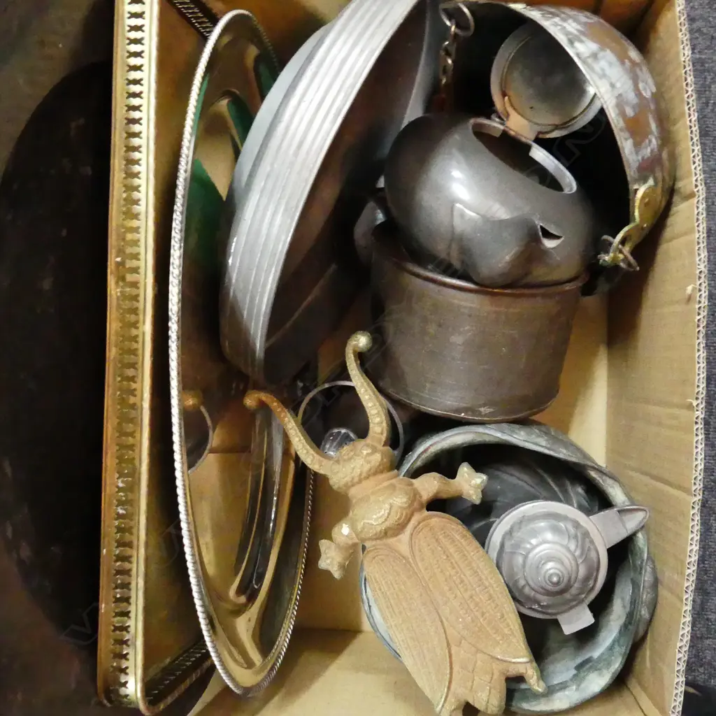 BOX LOT ASST. PEWTER INCL. CHARGER 450mm dia, TRAYS ETC Image 1++