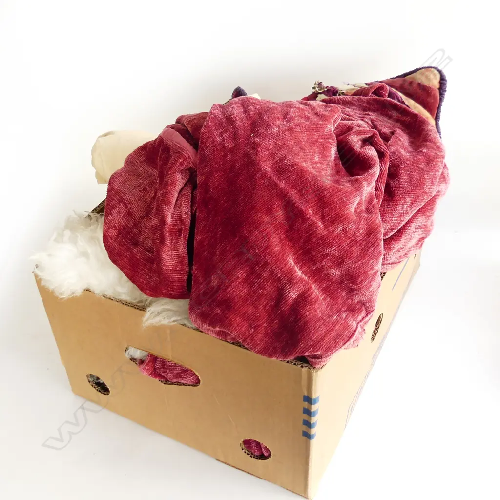 BOX OF LONG VINTAGE RED VELVET CAPE ? SHEEP SKIN CUSHION  ETC Image 1++