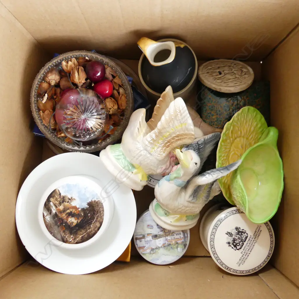 BOX LOT COLLECTABLES, 2 LUSTRE SWANS ETC Image 1++