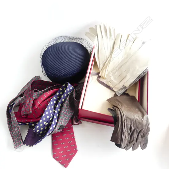 BOX WITH 5 PRS LEATHER GLOVES, ASST VINTAGE TIES & SCARF INCL HERMES + VINTAGE HAT 