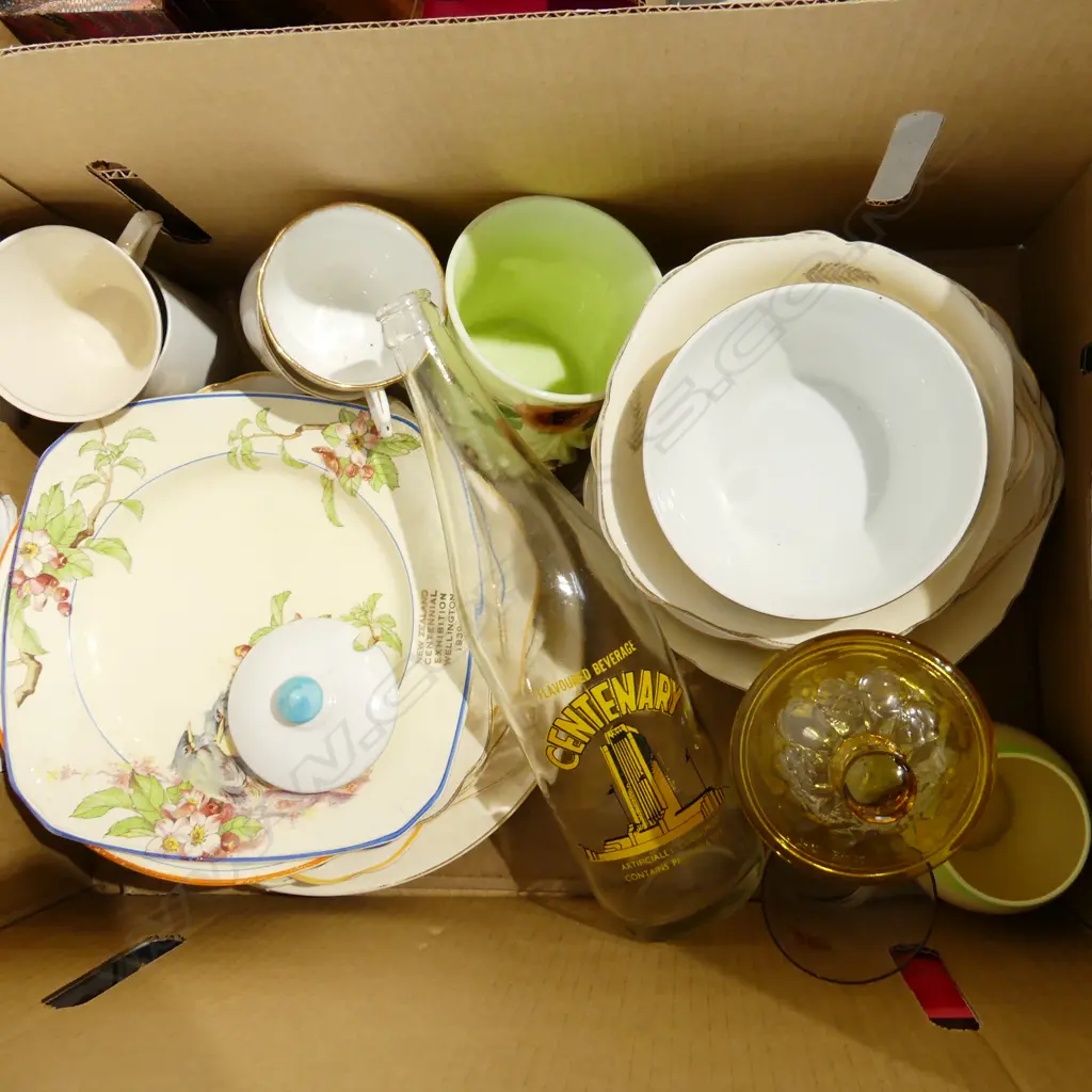 BOX LOT ASST 1940 CENTENNIAL EXHIBITION WARE; PLATES, BOWLS, CUPS, GLASS INCL BOTTLE ETC.. Image 1++