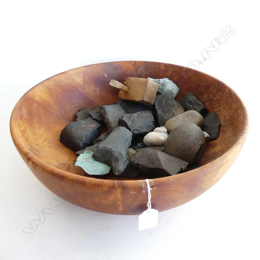 LGE BURR TOTARA TURNED BOWL + ASST ROCKS ETC Dia.385mm Image 1++