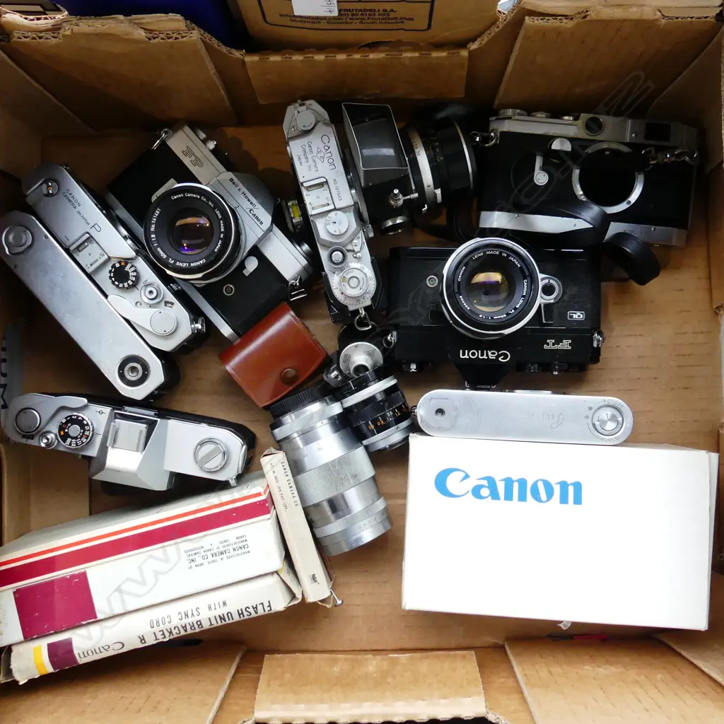 BOX LOT ASST  VINTAGE CANON CAMERAS, LENSES ETC.. Image 1++