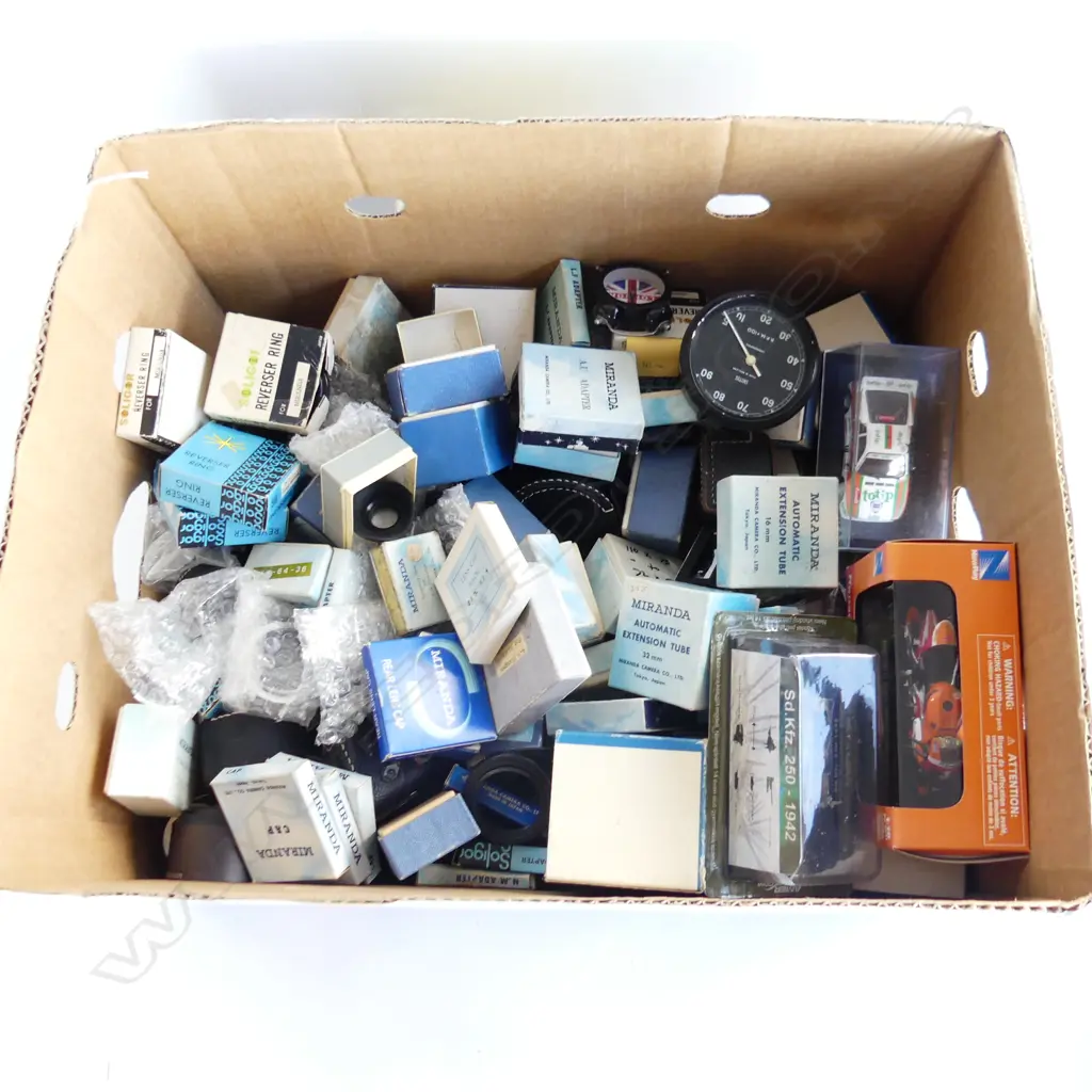 BOX OF CAMERA LENSES MODEL CARS ETC Image 1++