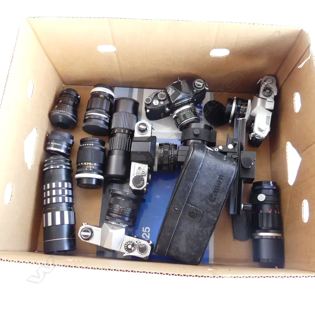 BOX LOT CANON & MIRANDA CAMERAS BELLOWS ETC Image 1++