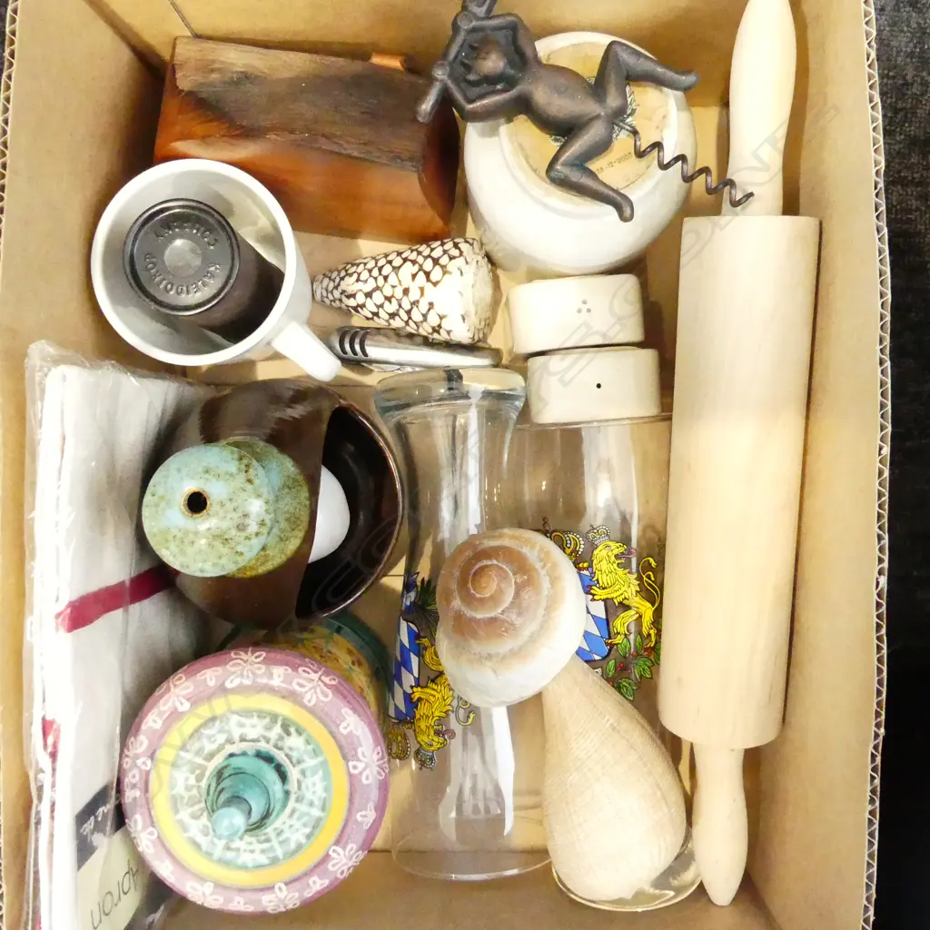 BOX LOT ASST. KITCHENWARE; ROLLING PIN, SALT PIG, CERAMIC CONTAINERS ETC Image 1++