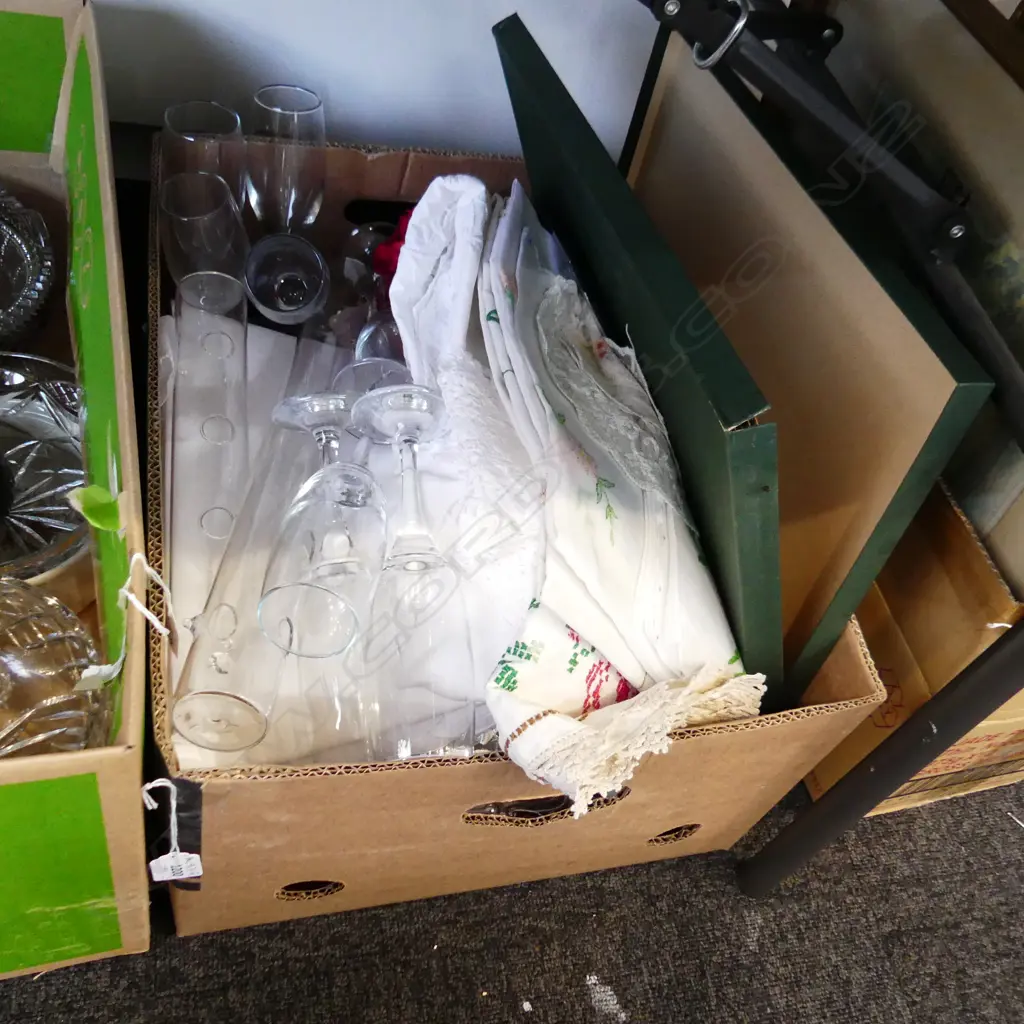 BOX LOT SILVER PLATE, CHAMPAGNE FLUTES, LINENS, PLACE MATS ETC Image 1++