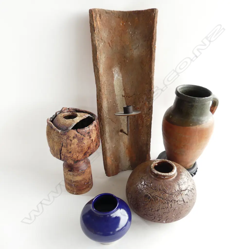 5 STUDIO POTTERY PCES. WALL CANDLE SCONCE + 3 VAES & JUG Image 1++