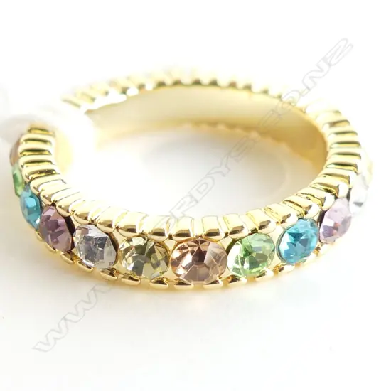 925 SILVER ? GILT RING WITH MULTI COLOURED STONES (COSTUME)