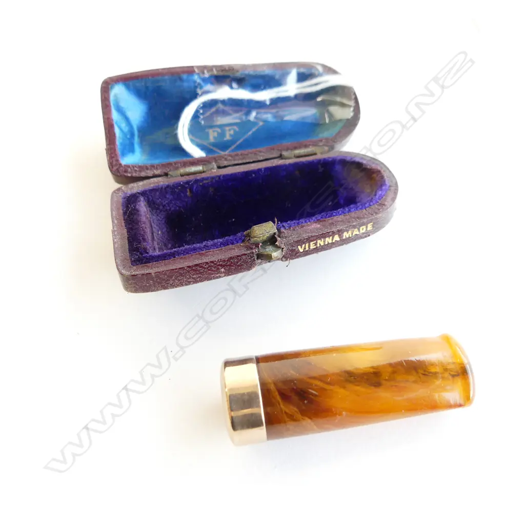 9CT GOLD & AMBER CIGAR HOLDER IN VIENNESE CASE, BIRMINGHAM 1901, MAKER WHN. L 43MM Image 1++