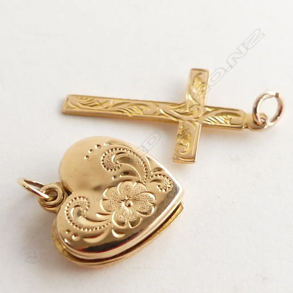 TWO 9CT YELLOW GOLD CHARMS (HEART LOCKET & CROSS) 1.4GMS Image 1++