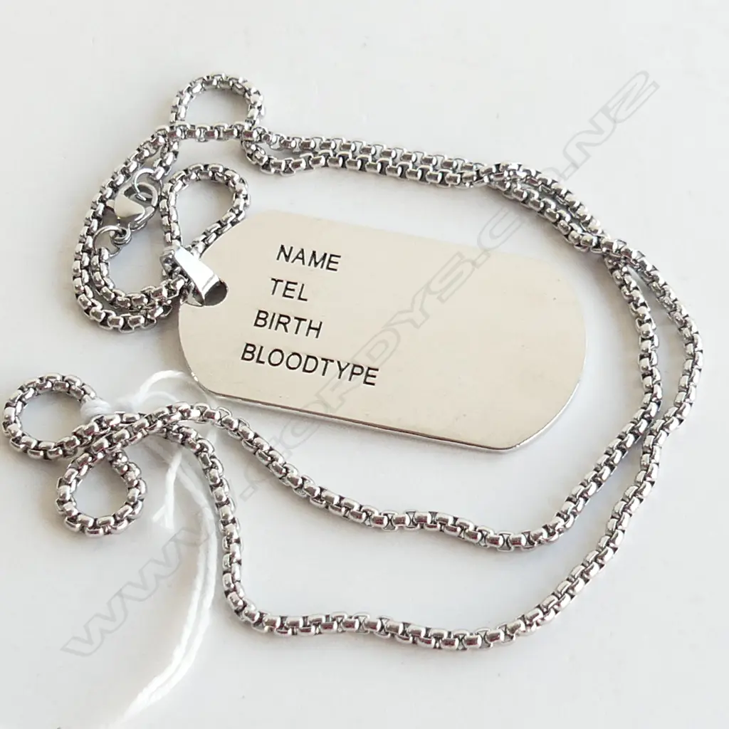 EMERGENCY 'DOG TAG' PENDANT (NAME, PH, BIRTH, BLOOD TYPE) WITH CHAIN Image 1++