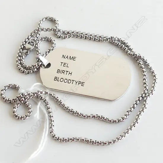 EMERGENCY 'DOG TAG' PENDANT (NAME, PH, BIRTH, BLOOD TYPE) WITH CHAIN