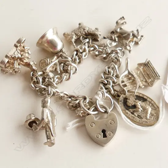 SILVER CURB LINK CHARM BRACELET 11 CHARMS heart padlock