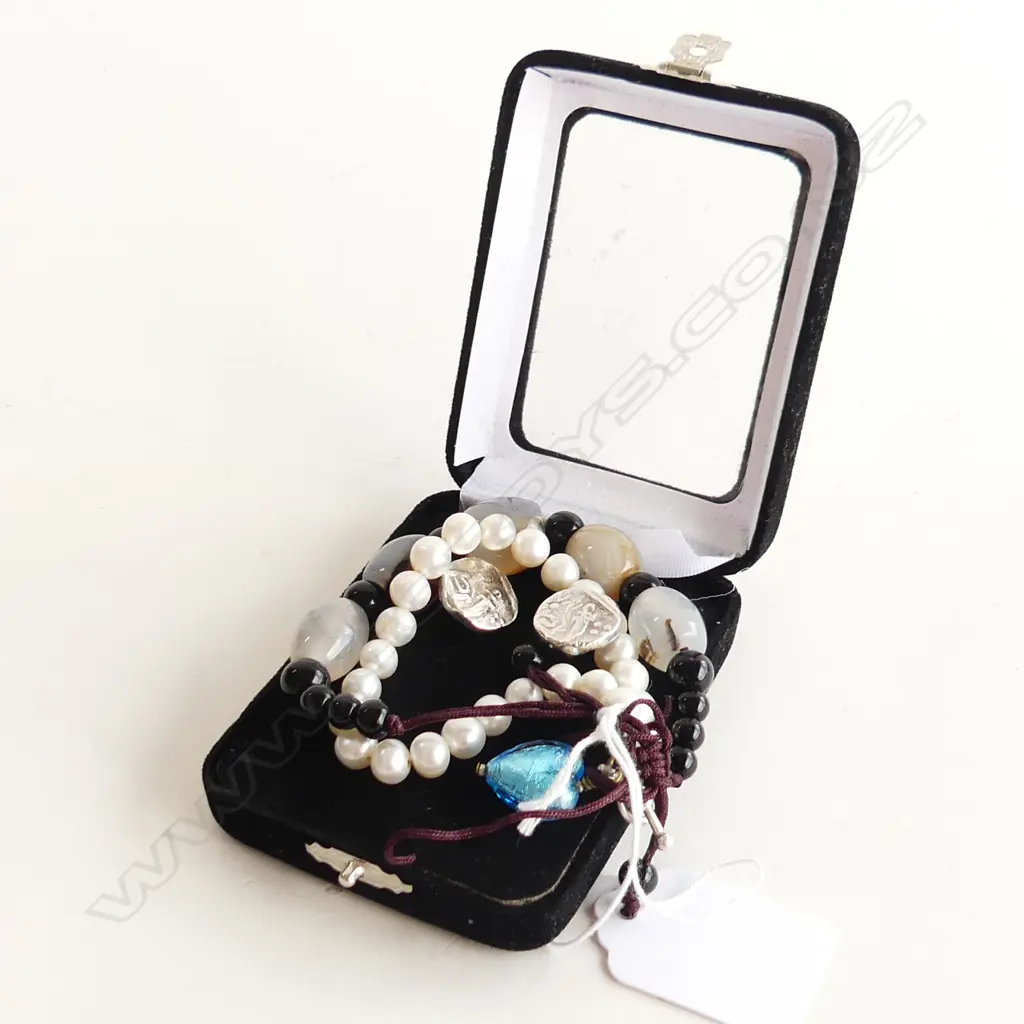 PR CUFFLINKS + 2 BRACELETS; FRESHWATER PEARLS W BLUE HEART & GEMSTONE BEAD TIE BRACELET Image 1++