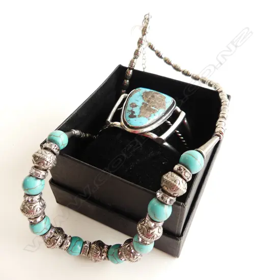 SILVER & TURQUOISE CUFF BRACELET & SILVER TONE & TURQUOISE BEAD NECKLACE 