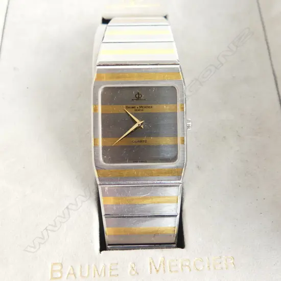 BAUME & MERCIER 18ct & STEEL STRIPED CASE & BRACELET MENS WATCH W BOX & PAPERS