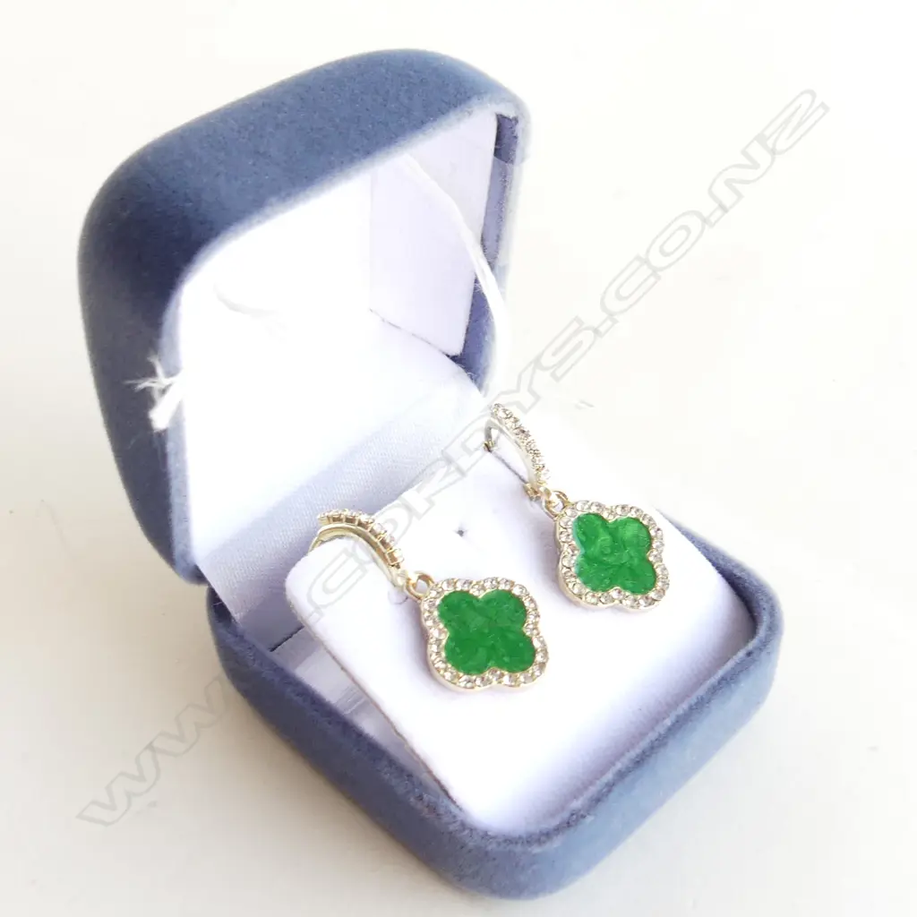 PR DIAMANTE & JADE COLOURED CLOVER SHAPED DROP EARRINGS - IN BOX Image 1++