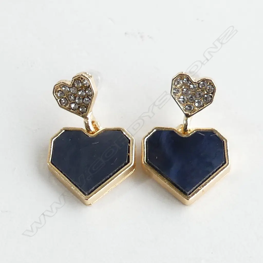 PR TWIN HEART DROP EARRINGS, BLACK STONE & DIAMANTES - IN BOX Image 1++