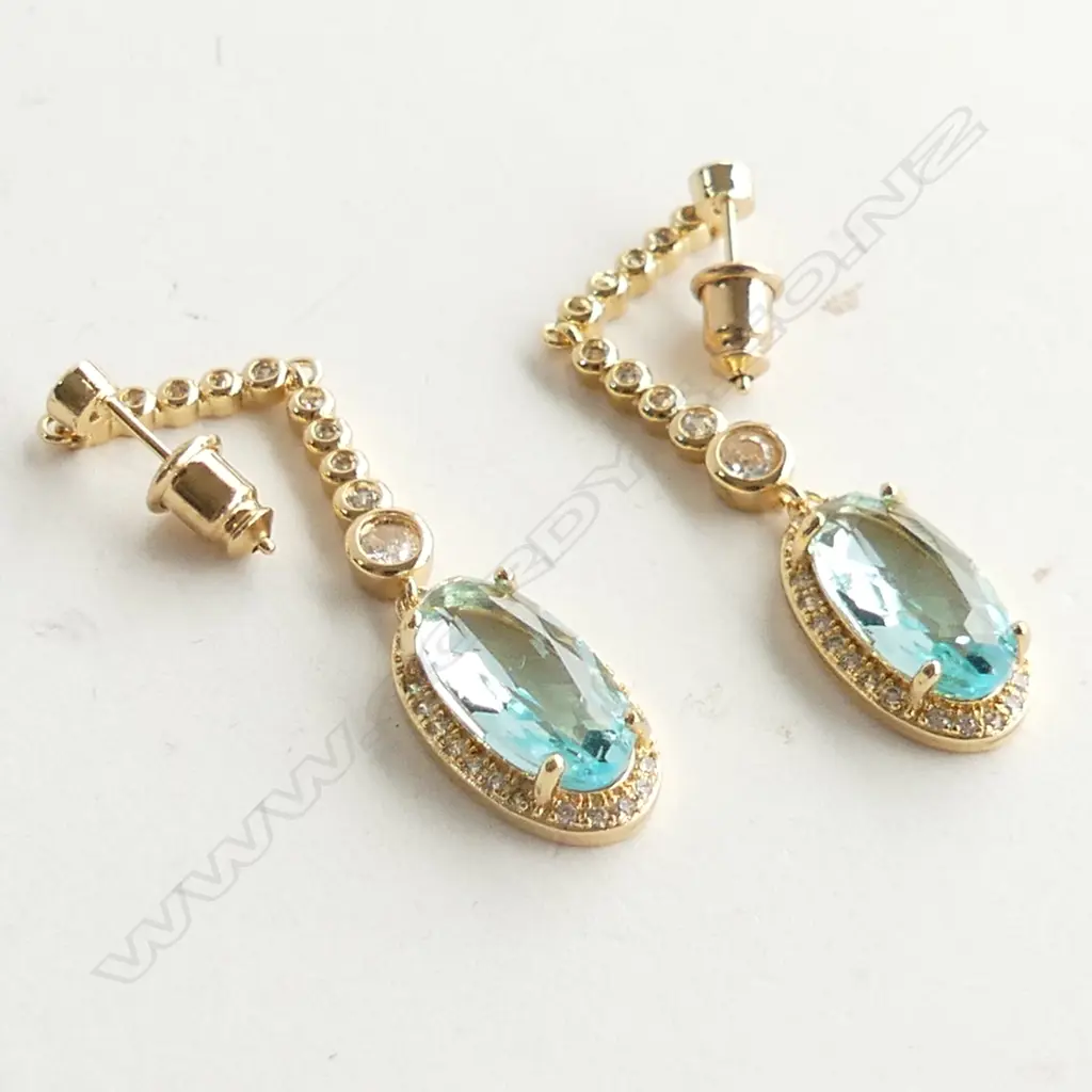 BLUE ZIRCON & GOLD GILT SILVER LONG DROP EARRINGS  Image 1++