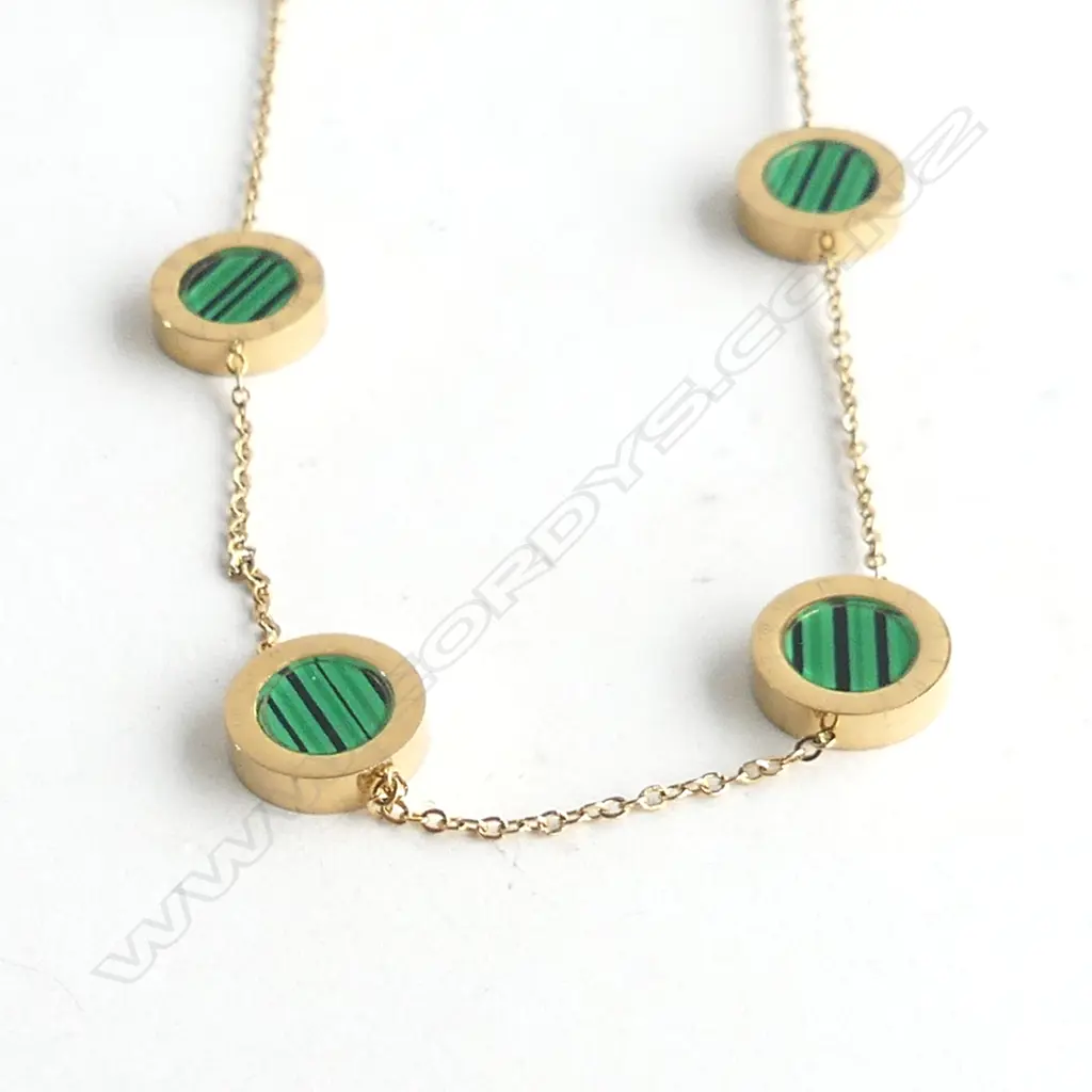 GOLD PLATED STAINLESS STEEL NECKLACE WITH GREEN & GOLD DISCS WITH ROMAN NUMBERS  Image 1++