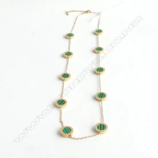 GOLD PLATED STAINLESS STEEL NECKLACE WITH GREEN & GOLD DISCS WITH ROMAN NUMBERS 