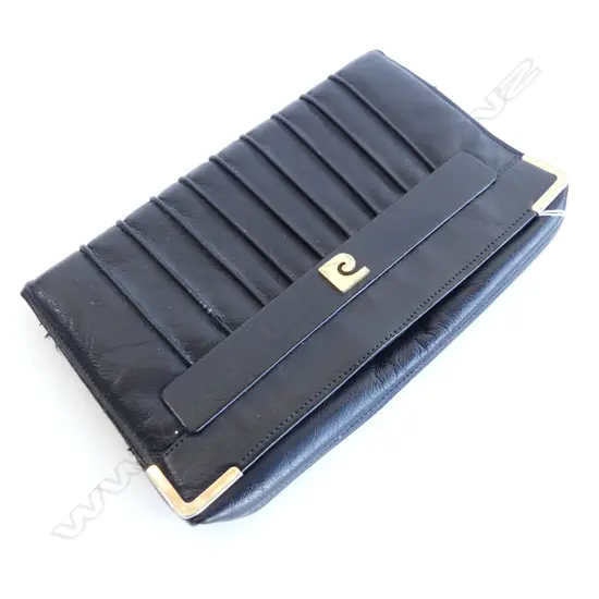 VINTAGE PIERRE CARDIN BLACK LEATHER CLUTCH PURSE L. 250MM